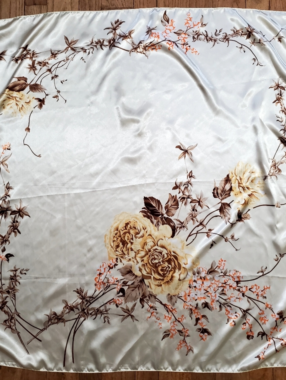 Silk Feeling Satin Scarf YELLOW CREAM ROSES Botanical Floral Large Square 35"